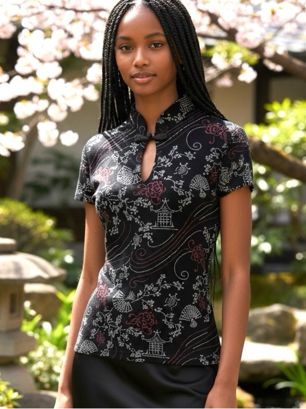 Y2K RONNI NICOLE BLACK MANDARIN COLLAR TOP GLITTERING ASIAN INSPIRED DESIGNS L